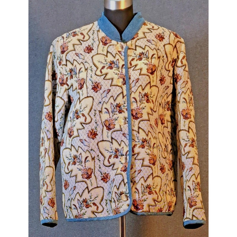 Denim & Co‎ Womens Floral Tapestry Jacket Blue Trim Button Front Large Vintage